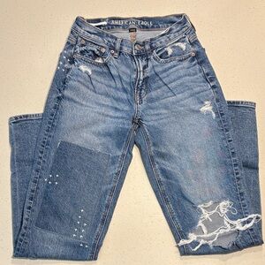 American Eagle Distressed Patchwork Straight Jeans Medium Wash Blue